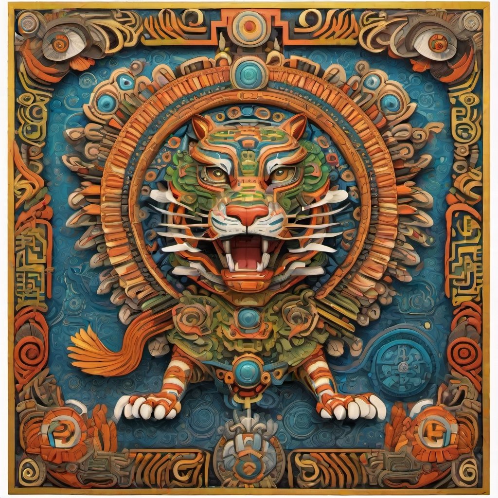 Quetzalcoatl in Quantum Folk Art
style, featuring tiger
traditional motifs influenced by quantum
mechanics