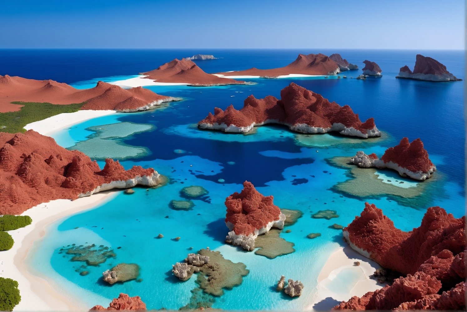 A remarkable landscape photo proudly captured with a cutting-edge camera during the (golden hour). This (pristine sub-ecoregion) features a cluster of kobicha limestone islets and ancient coral reefs, fringed by white beaches and azure waters, and surrounded by khaki vegetation and an arid area. It bears a striking resemblance to the (Damaniyat Islands in Oman). The photo exhibits a (rectilinear perspective), (true-to-life hues), and a (very high dynamic range).