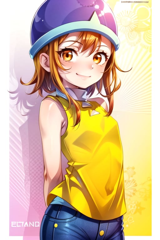 masterpiece, best quality, (solo:1.3), 1girl , arms behind back,looking_at_viewer, orange_hair, smile,SoraDef, orange eyes, sleeveless, shirt, jeans, helmet, short hair,yellow shirt,loli,data steam background