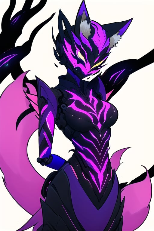 masterpiece, best quality, (solo:1.1), 1girl , arms behind back,looking_at_viewer,mechanical_arms,mechanical suit,fox mask,muscular,wisteria tree background,symmetrical,in purple and black style,mechanical japanese_dress,ghost nocturnal