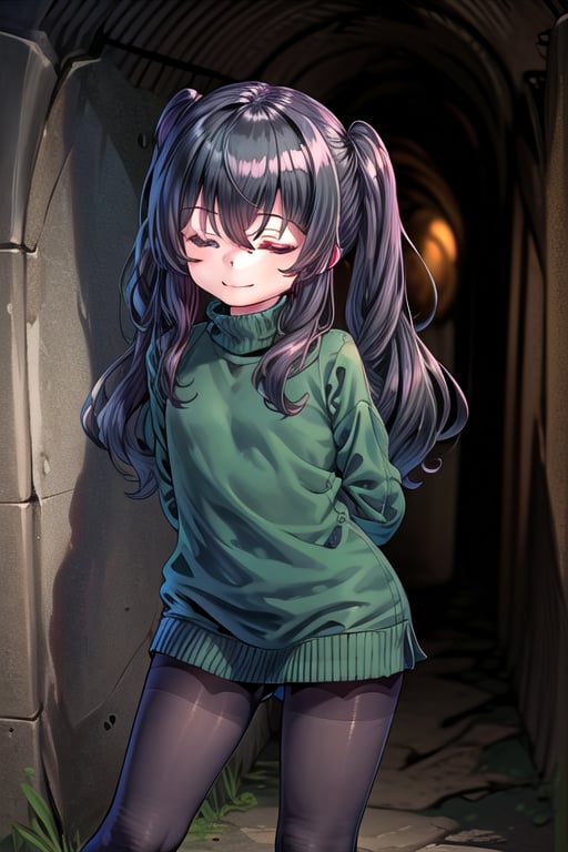 masterpiece, best quality, solo, 1girl, (arms behind back:1.1),loli,dark tunnel,looking at viewer,long_hair,  black_hair, closed_eyes,green sweater,smile, black_pantyhose, sleeves_past_wrists,  turtleneck, closed_mouth, bangs, long_sleeves