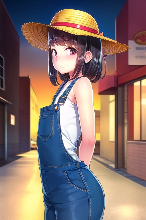 masterpiece, best quality, (solo:1.3),loli,golden hour lighting,street corner,big straw hat,arms_behind_back,dungarees only,,black_hair,looking_at_viewer,