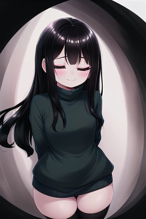 masterpiece, best quality, solo, 1girl, (arms behind back:1.1),loli,dark tunnel,looking at viewer,long_hair,  black_hair, closed_eyes,green sweater,smile,  sleeves_past_wrists,  turtleneck, closed_mouth, bangs, long_sleeves,stockings,oversized_clothing,