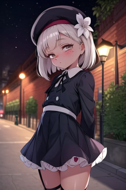 masterpiece, best quality,solo,1girl, looking at viewer, arms behind back , (loli:1.3),black suspender_skirt,  brown_eyes,  long_sleeves, dusk park background, collared_shirt,  black_ribbon, bow, mole_under_eye,black beret,light brown hair,white hair flower,street lamps,