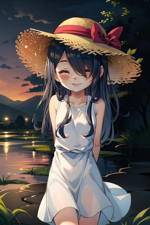 masterpiece, best quality, solo, 1girl,arms behind back,loli,rain, small_breast, smile,(dusk:1.3), Beside the rice fields,black_hair white dress,straw hat,covering eyes, shading eyes, (no eyes:1.2), 