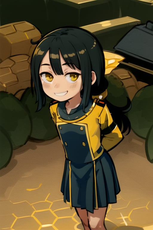 masterpiece, best quality, (solo:1.1), 1girl ,looking at viewer,in yellow and black style,( arms behind back :1.3),(loli:1.3),black hair, factory background,(fusion of honeycomb and military dress:1.2),smile,scenery,architecture, deep cityscape, overgrown,from above