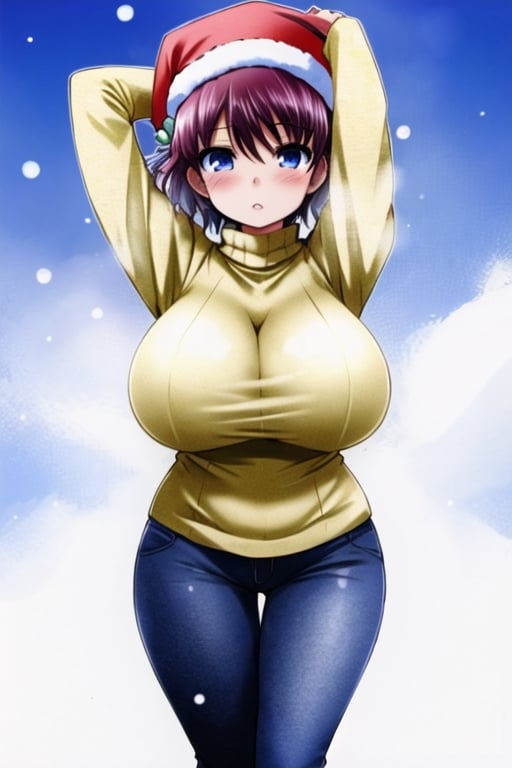 masterpiece, best quality, girl, solo,snow,in santa style,short hair,looking at viewer,hat,(gigantic_breasts,sweater dress),braid bun,long pants