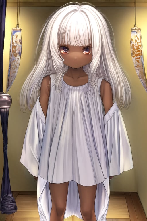 masterpiece, best quality,1girl, (solo:1.3),looking_at_viewer,(oversized_clothes:1.3),sleeveless_shirt,loli,dark_skin ,white hair,from above,indoor,no pants,wind_chime