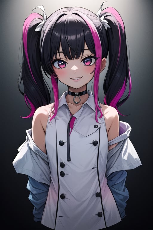 masterpiece, best quality,solo, cosplay, 1girl, black  hair,little girl,loli,mesugaki,looking at viewer,smile,in dark hole, arms behind back ,choker,off_shoulders,pink  streaked hair, twin_tails,collared_shirt,cropped_jacket,blue elbow_gloves,