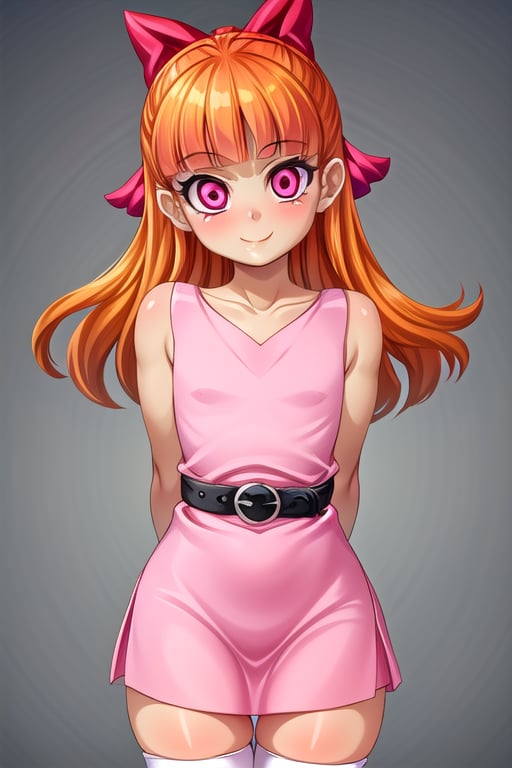 masterpiece, best quality,solo,1girl, looking at viewer, (arms behind back:1.3),(blossom),loli,little girl,pink dress,white stockings,smile,long_hair,black belt,sleeveless,orange_hair,flat_chest,pink eyes,collarbones,blunt_bangs,red bow on head,curvy,straight hair, 