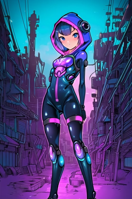 masterpiece, best quality,1girl, (solo:1.1), in sanke style,arms behind back , looking_at_viewer, hood,factory background , loli,mechanical suit,,short_hair,cyberpunk