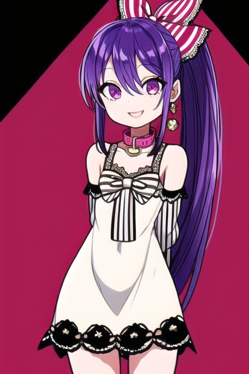 masterpiece, best quality, (solo:1.3), 1girl , arms behind back,looking_at_viewer,loli,mini_girl,purple_hair,long_sleeves,long_ponytail,smile,sleeveless dress, whitedress, flat chest,hair_ornament, bowtie, collar, off_shoulder, lace, striped, fashion show,on catwalk