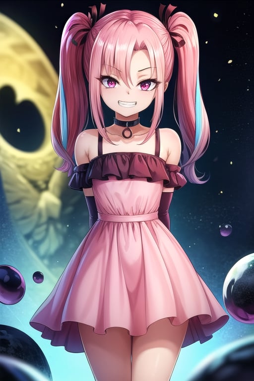 masterpiece, best quality,solo, cosplay, 1girl, black  hair,little girl,loli,mesugaki,looking at viewer,grin,in dark hole, arms behind back ,choker,off_shoulders,pink  streaked hair, twin_tails,collared_dress,blue elbow_gloves