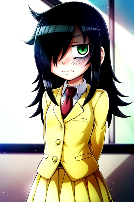 masterpiece, best quality, (solo:1.3), 1girl , arms behind back,looking_at_viewer,long hair, black-hair,hair over in one eye,school uniform, classroom,bags under eyes, watamote,loli,necktie, yellow jacket,yellow skirt ,green-eyes,embarassed endured_face, ahegao, 