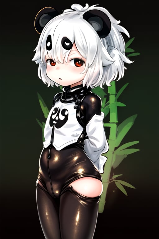 masterpiece, best quality,1girl, (solo:1.3), in white and  black style,arms behind back , looking_at_viewer, panda mask, bodysuit,bamboo forest background , loli,short_hair