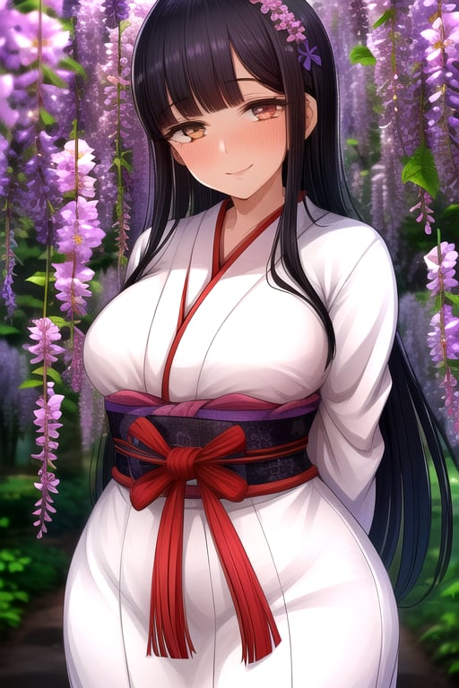 masterpiece, best quality, (solo:1.1), 1girl , arms behind back,looking_at_viewer,japan_dress,black hair,white bows,wisteria forest background,symmetrical,in purple and black style,obi,smile,curvy,long_sleeves,long hair