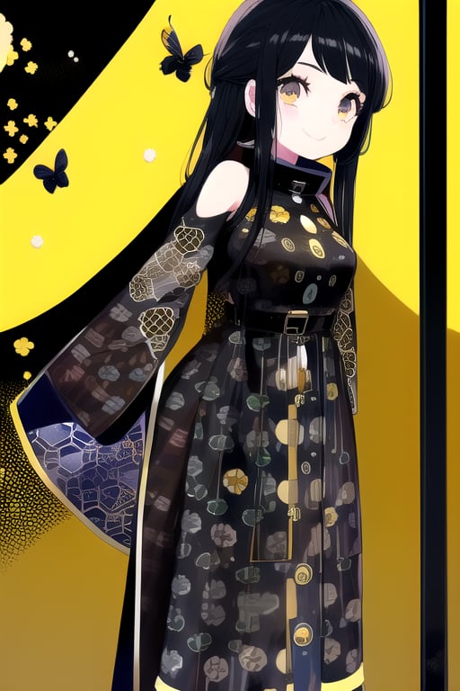 masterpiece, best quality, (solo:1.3), 1girl ,in yellow and black style,dusk,( arms behind back , :1.3),(loli:1.3),train station,black hair, long hair,(bee pattern oversized coat:1.3),open coat ,belt,smile,factory background