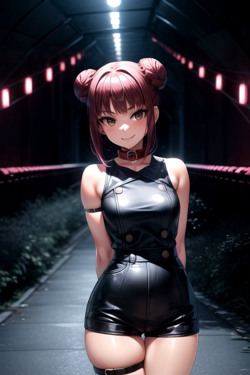 masterpiece, best quality, (solo:1.1), 1girl ,looking at viewer,in red and black style,( arms behind back :1.3),mesugaki,short hair, sleeveless dress, high - waist shorts, double bun, collar, arm strap, smile,scenery,night tunnel background