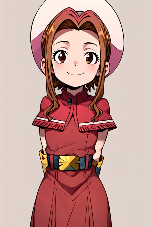 masterpiece, best quality, (solo:1.3), 1girl , arms behind back,looking_at_viewer,Tachikawa Mimi, long hair, brown hair, brown eyes, hat, dress, belt, red dress, gloves, sidelocks, capelet, pink hat, fringe trim, short sleeves,smile 