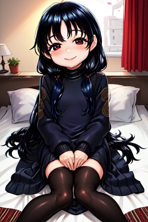 masterpiece, best quality, best quality,solo,night,  1girl,lolicon, black hair,from above,  blue sweater dress,  long hair, looking at viewer, smile,  bed background,turtleneck,