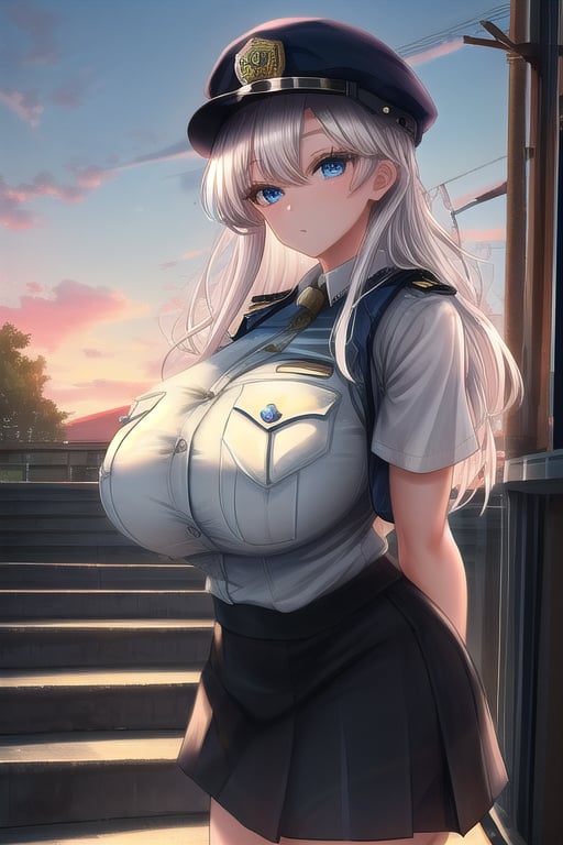 masterpiece, best quality,solo,1girl, looking at viewer, arms behind back,gigantic_breasts ,vest, long hair, blue eyes,white hair, messy hair, hat,  black skirt,police uniform,short sleeves,stairs ,dusk