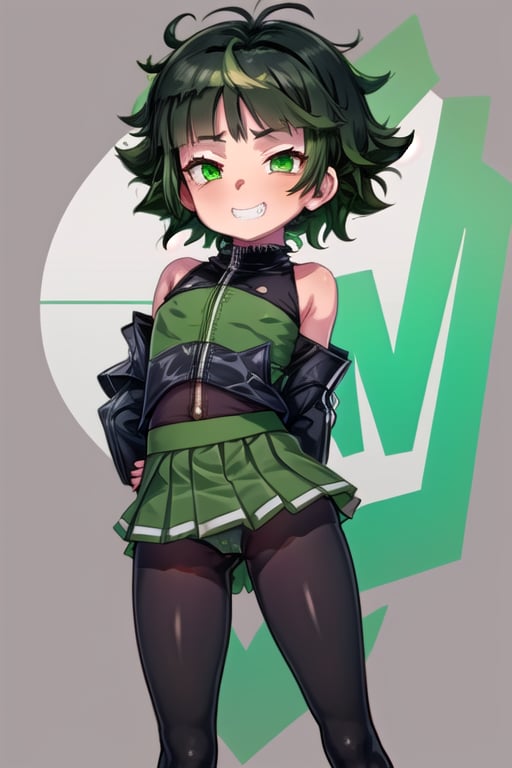 masterpiece, best quality,solo,1girl, looking at viewer, arms behind back,(buttercup),loli,green and black style,green skirt,bare_legs,green bodysuit,black_hair,bare_shoulders,green eyes,grin,messy hair,black waistband,short_hair,colored inner hair, mesugaki, 