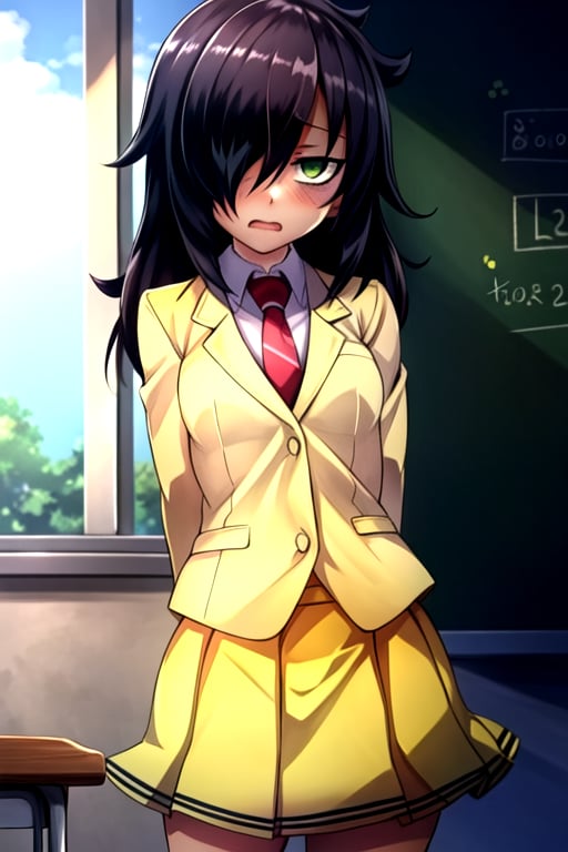 masterpiece, best quality, (solo:1.3), 1girl , arms behind back,looking_at_viewer,long hair, black-hair,hair over in one eye,school uniform, classroom,bags under eyes, watamote,loli,necktie, yellow jacket,yellow skirt ,green-eyes,embarassed endured_face, ahegao, 