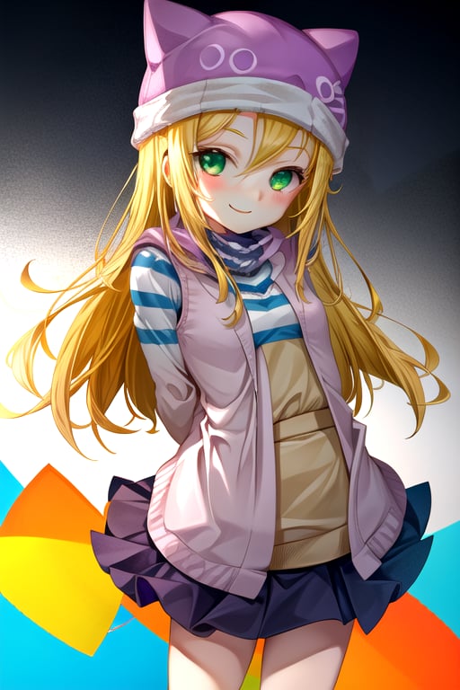 masterpiece, best quality, (solo:1.3), 1girl, loli, arms behind back,looking_at_viewer,OrimotoIzumi,  purple vest,horizontal striped shirt, beanie, cat hat, green eyes, purple  skirt,smile, blonde,