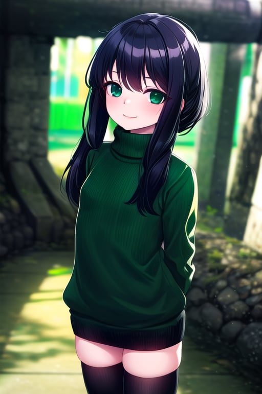 masterpiece, best quality, solo, 1girl, (arms behind back:1.1),loli,dark tunnel,looking at viewer,long_hair,  black_hair, closed_eyes,(green sweater:1.3),smile,  sleeves_past_wrists,  turtleneck, closed_mouth, bangs, ,flat_chest,long_sleeves,(black legswear:1.3),oversized_clothing,(little girl:1.2),