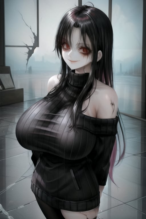 masterpiece, best quality, (solo:1.1), 1girl , arms behind back,looking_at_viewer,horror theme,ribbed sweater, sweater jacket, off_shoulder,gigantic_breasts,black stockings,window, reflection,broken glass,IncrsBrknGls,(crack smile:1.2),