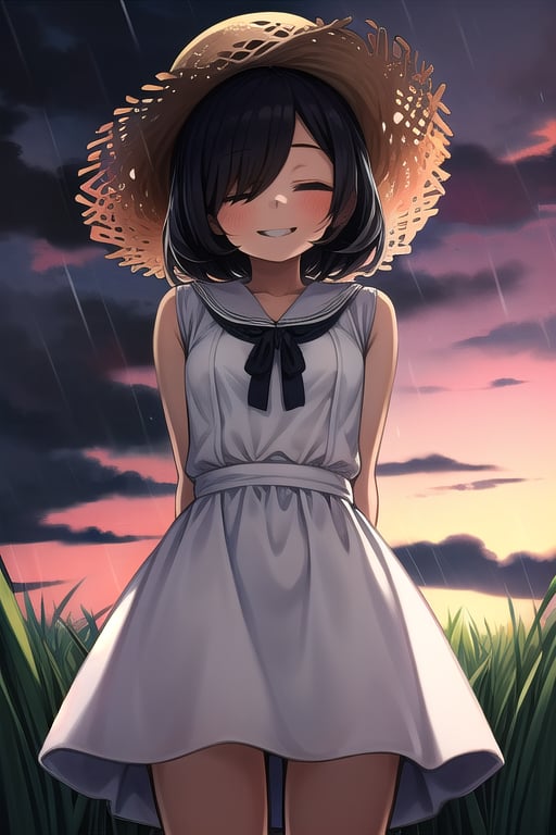 masterpiece, best quality, solo, 1girl,arms behind back,loli,rain, small_breast, smile,(dusk:1.3), Beside the rice fields,black_hair white dress,straw hat,covering eyes, shading eyes, (no eyes:1.2), 