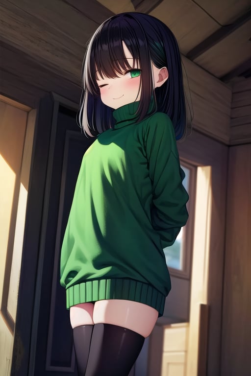 masterpiece, best quality, solo, 1girl, (arms behind back:1.1),loli,dark tunnel,looking at viewer,long_hair,  black_hair, closed_eyes,(green sweater:1.3),smile,  sleeves_past_wrists,  turtleneck, closed_mouth, bangs, flat_chest,long_sleeves,black legswear,oversized_clothing,(little girl:1.2),