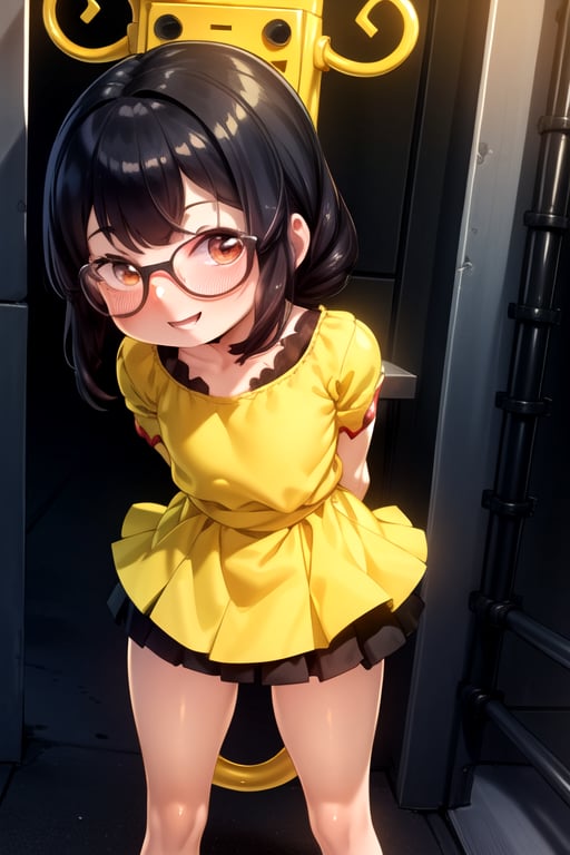 masterpiece, best quality, (solo:1.1), 1girl ,in yellow and black style,( arms behind back :1.3),(loli:1.3),black hair, factory background,fusion of honeycomb and dress,smile,glasses,loli,from above, 