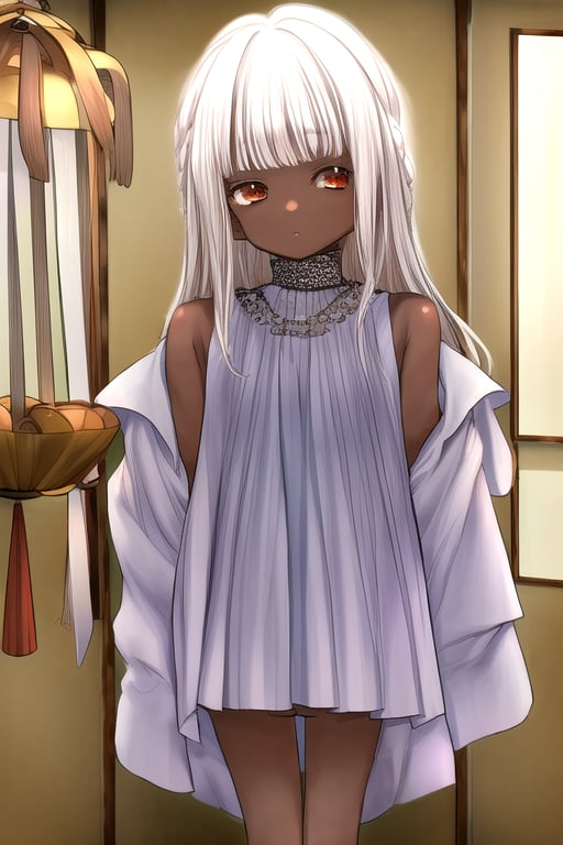 masterpiece, best quality,1girl, (solo:1.3),looking_at_viewer,(oversized_clothes:1.3),sleeveless_shirt,loli,dark_skin ,white hair,from above,indoor,no pants,wind_chime