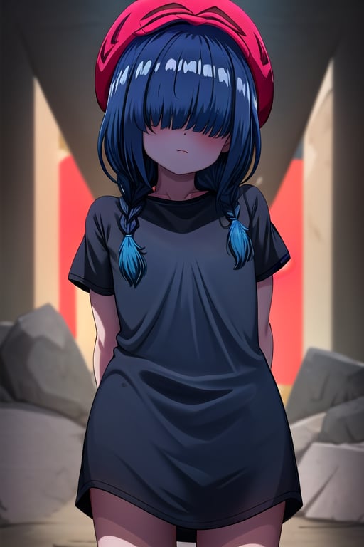 masterpiece, best quality, solo, 1girl, (arms behind back:1.1),loli,dark tunnel,looking at viewer,black_hair, (blue oversized_shirt:1.3),( red cabbie hat :1.2),short sleeves, closed_mouth, dark_skin,coverd_eyes,bare legs,long_braid,(single_braid:1.2),Hair over eyes,