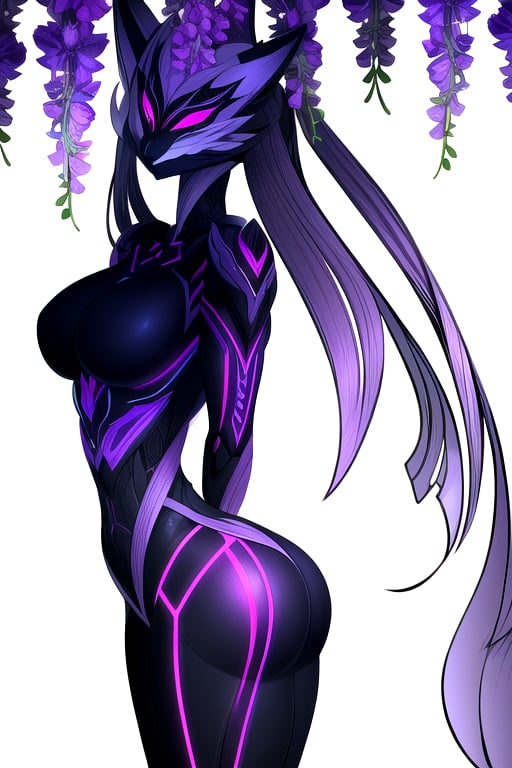 masterpiece, best quality, (solo:1.3), 1girl , arms behind back,looking_at_viewer,mechanical_arms,mechanical suit,fox mask,muscular,wisteria tree background,symmetrical,in purple and black style