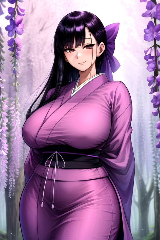 masterpiece, best quality, (solo:1.1), 1girl , arms behind back,looking_at_viewer,japan_dress,black hair,gigantic_breasts,white bows,wisteria forest background,symmetrical,in purple and black style,obi,smile,curvy,long_sleeves,long hair