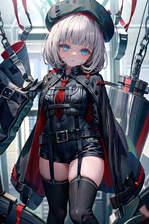 masterpiece, best quality, solo, 1girl, (arms behind back:1.1),loli,dark tunnel,looking at viewer, vesti (nikke),red necktie,black bodysuit, black thighhighs, cape, long sleeves, beret, black shorts,belt