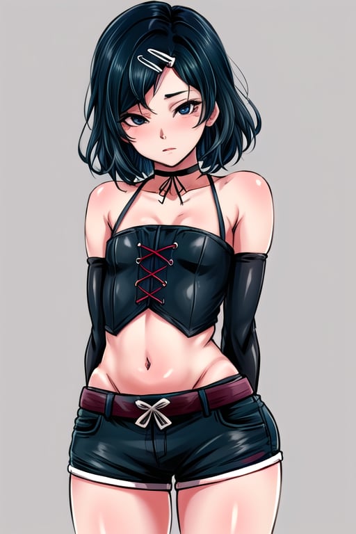 masterpiece, best quality,solo, cosplay, little boy, yaoi, medium hair, black  hair, asymmetrical hair,  hair clip, beautiful detailed eyes, looking at viewer, black eyes, high - waist shorts, detached_sleeves, arms behind back ,ruka urushibara,choker