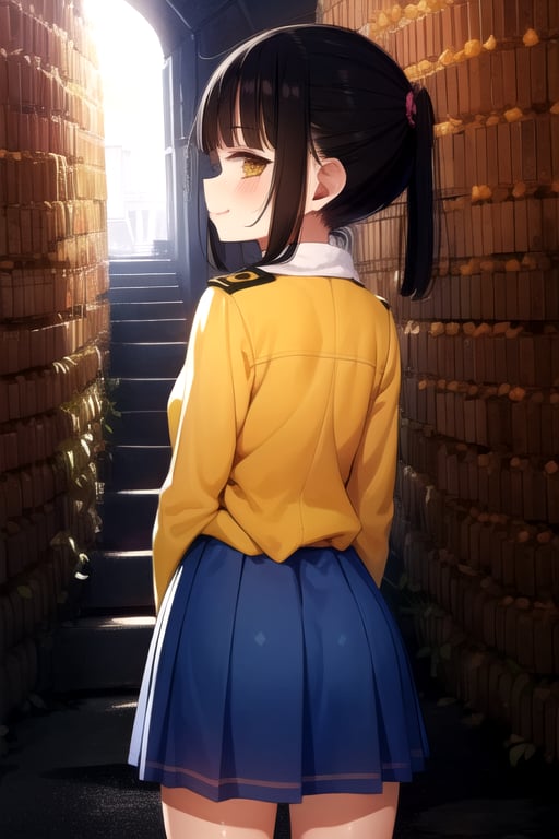 masterpiece, best quality, (solo:1.1), 1girl ,looking at viewer,in yellow and black style,( arms behind back :1.3),(loli:1.3),black hair, mesugaki, ,military ,smile,scenery, honeycomb and tunnel background