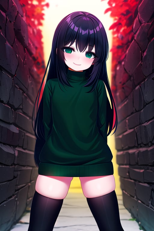 masterpiece, best quality, solo, 1girl, (arms behind back:1.1),loli,dark tunnel,looking at viewer,long_hair,  black_hair, closed_eyes,(green sweater:1.3),smile,  sleeves_past_wrists,  turtleneck, closed_mouth, bangs, ,flat_chest,long_sleeves,(black legswear:1.3),oversized_clothing,(little girl:1.2),