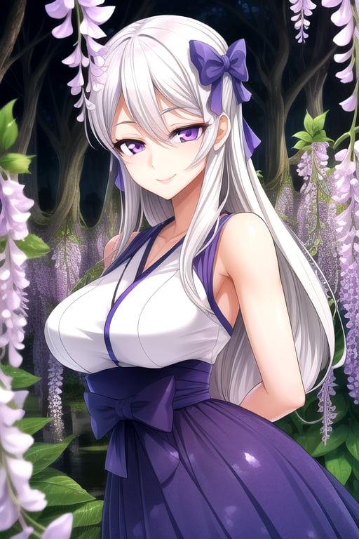 masterpiece, best quality, (solo:1.1), 1girl , arms behind back,looking_at_viewer,KuonjiUkyo,blue japan_dress,brown hair,white hair_bows,wisteria forest background,symmetrical,in purple and black style,obi,smile,