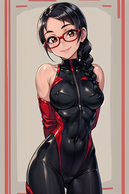 masterpiece, best quality,solo,1girl, looking at viewer, arms behind back,black bodysuit with red stripe,in ,black_hair,smile,glasses,gallery background,braid,loli,