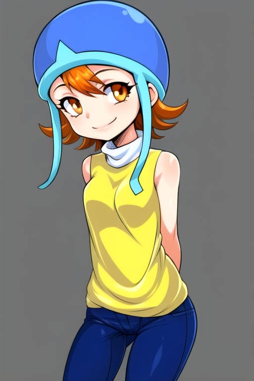 masterpiece, best quality, (solo:1.3), 1girl , arms behind back,looking_at_viewer, orange_hair, smile,SoraDef, orange eyes, sleeveless, shirt, jeans, helmet, short hair,yellow shirt,loli,data steam background