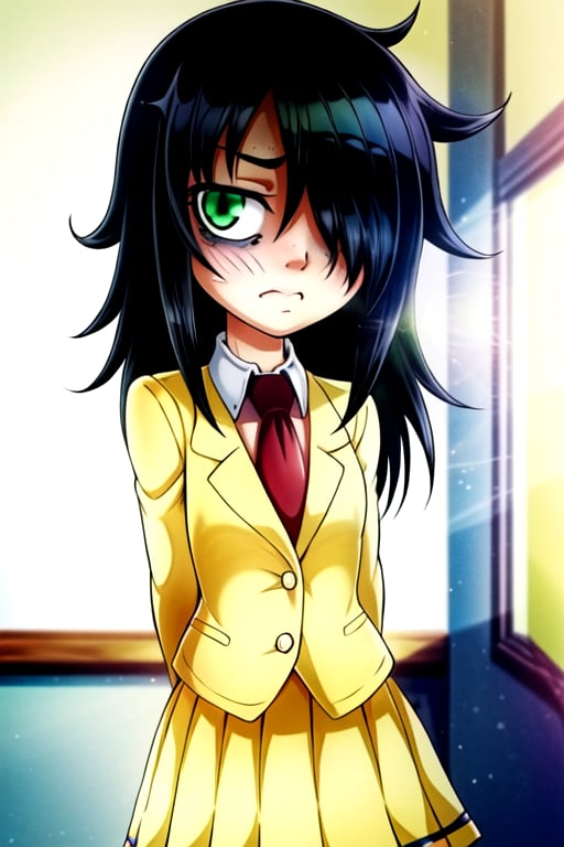 masterpiece, best quality, (solo:1.3), 1girl , arms behind back,looking_at_viewer,long hair, black-hair,hair over in one eye,school uniform, classroom,bags under eyes, watamote,loli,necktie, yellow jacket,yellow skirt ,green-eyes,embarassed endured_face, ahegao, 