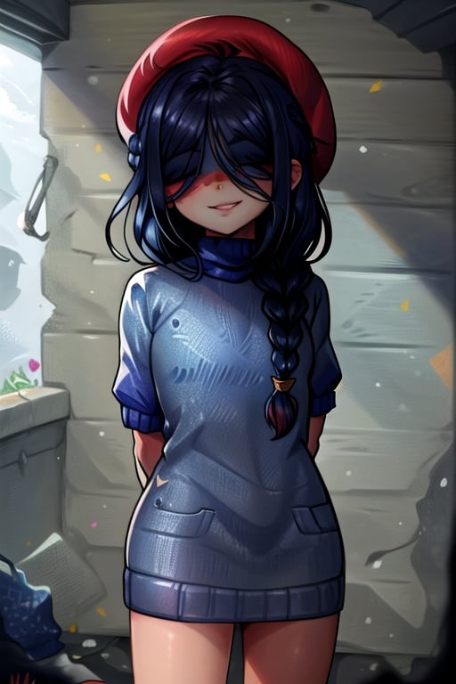 masterpiece, best quality, solo, 1girl, (arms behind back:1.1),loli,dark tunnel,looking at viewer,long_hair,  black_hair, (blue sweater:1.3),smile,  red beret,short sleeves,  turtleneck, closed_mouth, dark_skin,coverd_eyes,bare legs,long_braid,(single_braid:1.2),Hair over eyes