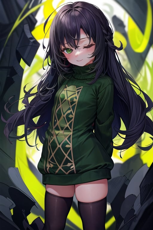 masterpiece, best quality, solo, 1girl, (arms behind back:1.1),loli,dark tunnel,looking at viewer,long_hair,  black_hair, closed_eyes,(green sweater:1.3),smile,  sleeves_past_wrists,  turtleneck, closed_mouth, bangs, ,flat_chest,long_sleeves,(black legswear:1.3),oversized_clothing,(little girl:1.2),