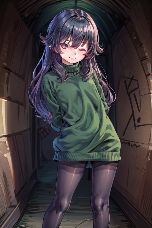 masterpiece, best quality, solo, 1girl, (arms behind back:1.1),loli,dark tunnel,looking at viewer,long_hair,  black_hair, closed_eyes,green sweater,smile, black_pantyhose, sleeves_past_wrists,  turtleneck, closed_mouth, bangs, long_sleeves