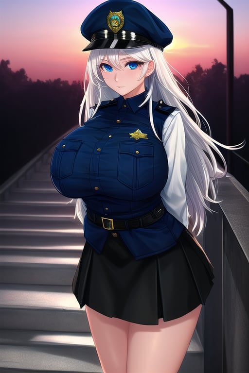 masterpiece, best quality,solo,1girl, looking at viewer, arms behind back,gigantic_breasts ,vest, long hair, blue eyes,white hair, messy hair, hat,  black skirt,police uniform,long sleeves,stairs ,dusk