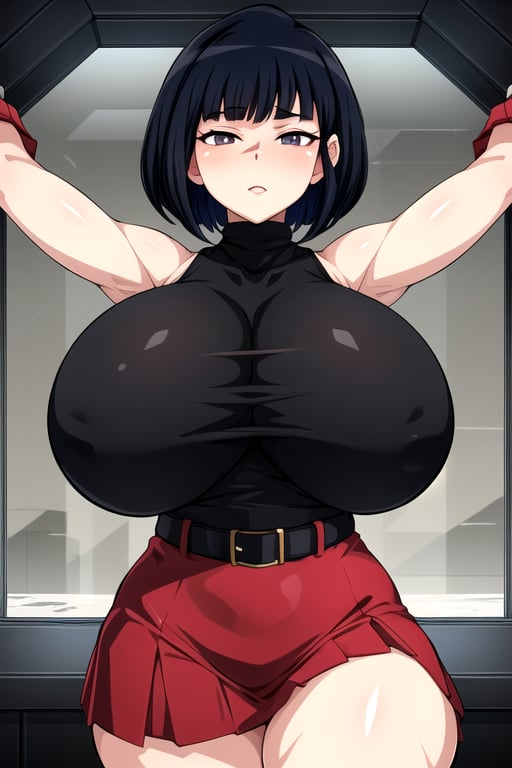 masterpiece, best quality, (solo:1.3),gigantic_breast, in ice of cube ,arms behind back,short_hair, black_hair, black_eyes, looking_at_viewer, half-closed_eyes,red skirt,curvy,blue turtleneck,long_sleeves,belt,